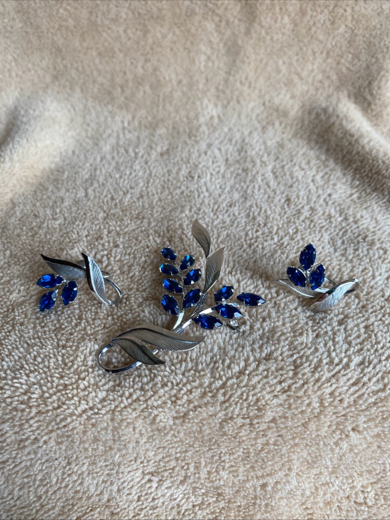 Vtg Sterling Star-Art Blue Rhinestone & Leaves Brooch & Screw Back Earring Set